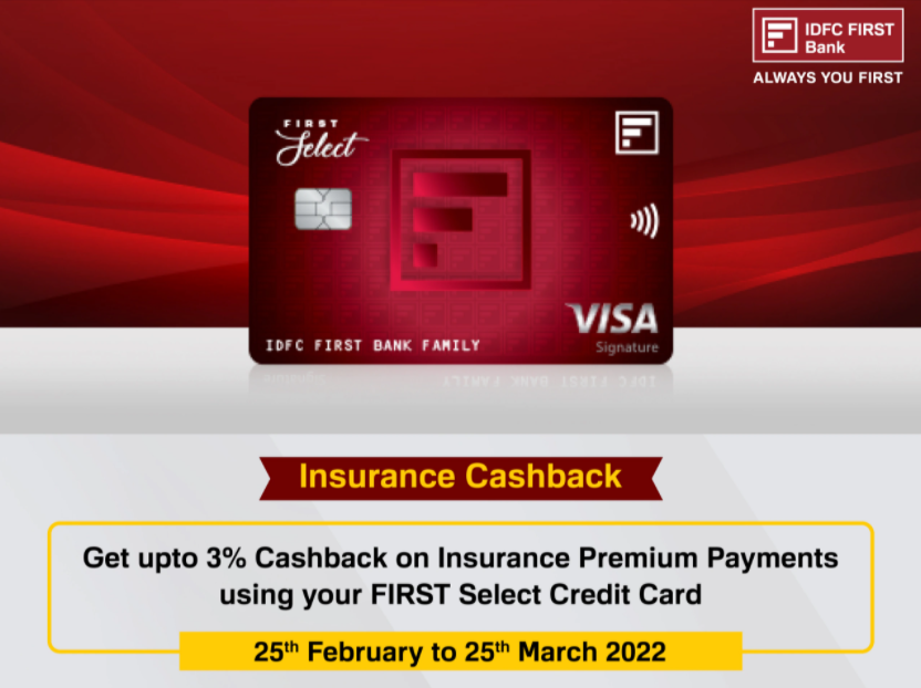 idfc first select credit card insurance payments offer