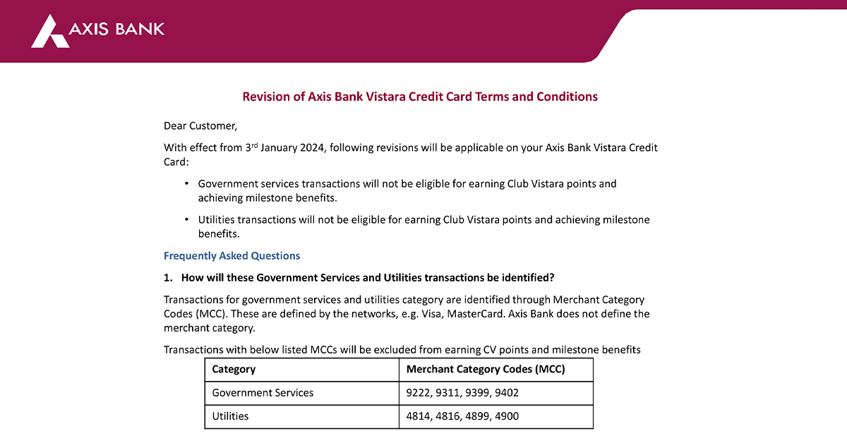 Devaluation of Axis Bank Vistara Credit Cards