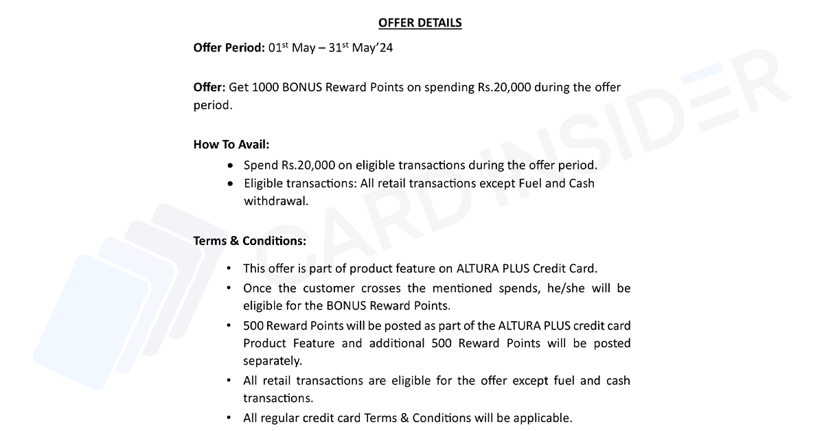 AU Altura Plus Credit Card 1,000 Bonus Points on ₹20,000 Spend