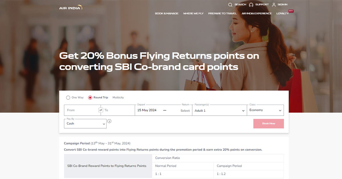 SBI Co-Branded Cards: 20% Bonus on Flying Returns Points